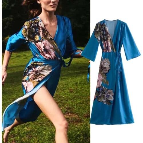 Klkxmyt Za 2021 Floral Print Wrap Midi Dress Women Long Dresses Woman Vintage Ruched Party Dresses Fashion Beach Vestidos