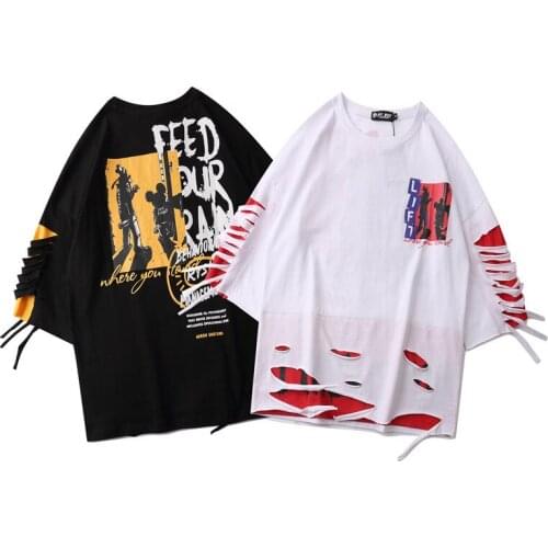 VIANKANI Hip Hop Creative T Shirts Men Women 2021 Summer Japanese Style Hole T-Shirts Streetwear Couple Tops Tees Male Black 3XL