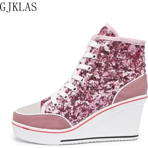 Platform Wedge Shoes Sneakers Plus Size Women High Top Sneakers Bling Sport Shoes for Women High Heels Chunky Sneakers Fashion