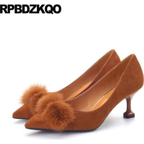 Fur size 33 2018 ladies mid heels shoes suede 4 34 footwear pointed toe big fashion cheap brown 10 42 kitten 11 43 designer