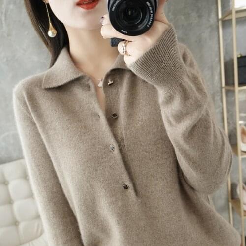 2021 new sweater women thin knit wool pullover solid color lapel long-sleeved loose sweater slim large size ladies top