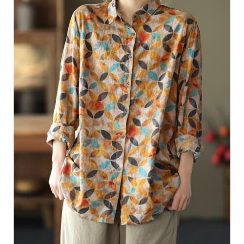 Spring 2021 New Style Retro Geometric Printed Cotton And Linen Shirt Literary Loose Long-sleeved Casual Blouse Tops Cardigans