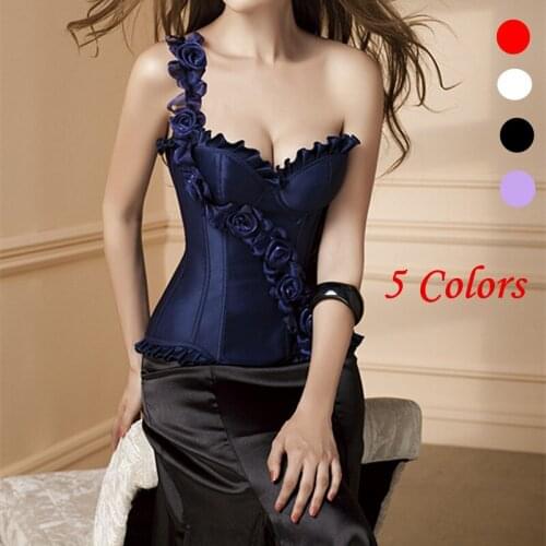 Blue New Corsets And Bustiers Women Steampunk Lace Polyester Spandex Flower Adorned Sexy Corselet Overbust one shoulder corset