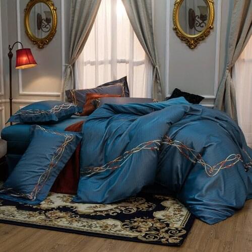 New Luxury 100S Yarn Dyed Cotton Solid Embroidery Royal Bedding Set King Queen Wedding Bed Sheet Cover set Duvet Cover 4pcs blue