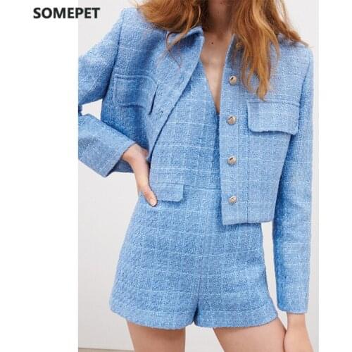 2 Pieces Women ZA Plaid Blazer+Jumpsuit Set Vintage Stylish Tweed Jacket Coat+Jumpsuit Single-breasted Pockets Tassel Outerwear