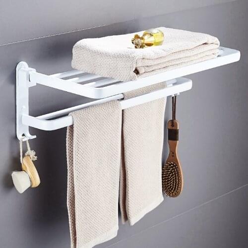 Bathroom Towel Rack Aluminum Alloy 63 cm Folding White Foldable Fixed Bath Towel Holder Bath Shelves Towel Rail