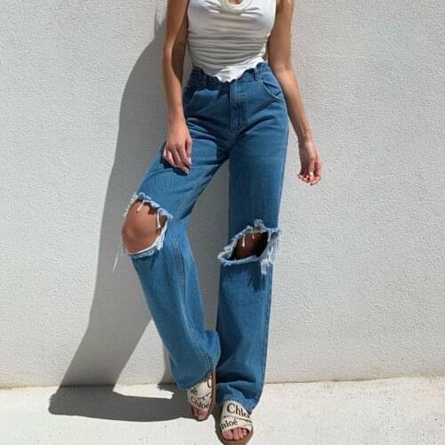 Ripped Jeans Women fashion High Waist Loose Jeans Female Casual Hole Denim Pants Vintage Torn Pure cotton Straight-leg Jeans