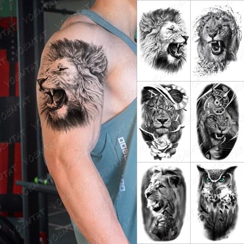 Watertransfer Temporary Tattoo Black Roar Lion Tatoo Sticker For Men Women Owl Forest Waterproof Fake Tatto Henna Wolf Tiger