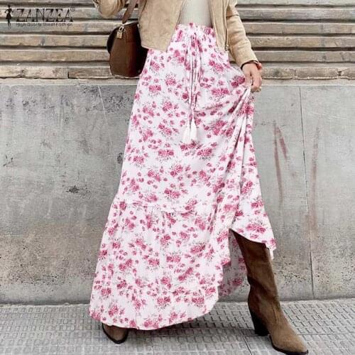 Spring Fashion Elastic Waist Robe ZANZEA Women Bohemian Long Skirt Vintage Floral Jupe Ruffle Printed Faldas Saia Holiday Skirts