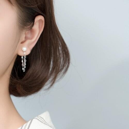 925 Sterling Silver Tassel Pearl Round Bead Korean Stud Earrings For Women Romantic Wedding Jewelry Brincos Pendientes eh999