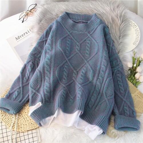 Fake two-piece sweater women autumn/winter 2021 new thick loose retro long-sleeved round neck pullover twist sweater top