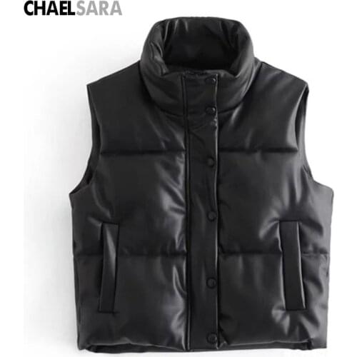 Winter Women Black Warm Faux Leather Vest Coat Casual Zipper Sleeveless Jacket Female Short Cotton Outwear Tops Ladies