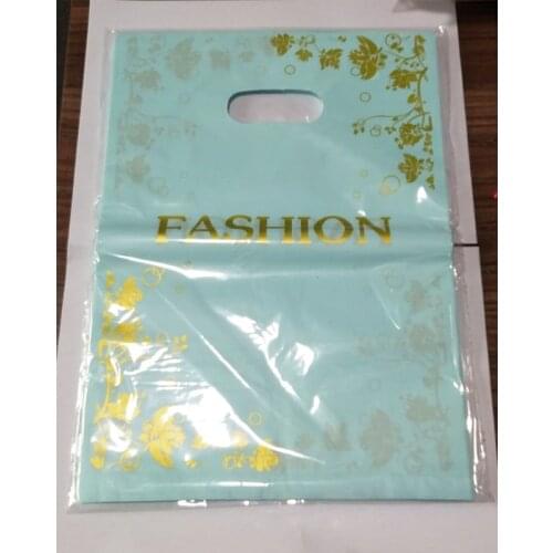 50pcs 25*35cm Gold Flowers Design Blue Plastic Gift Bag Clothing Boutique Packaging Bags Big Plastic Shopping Bags With Handles