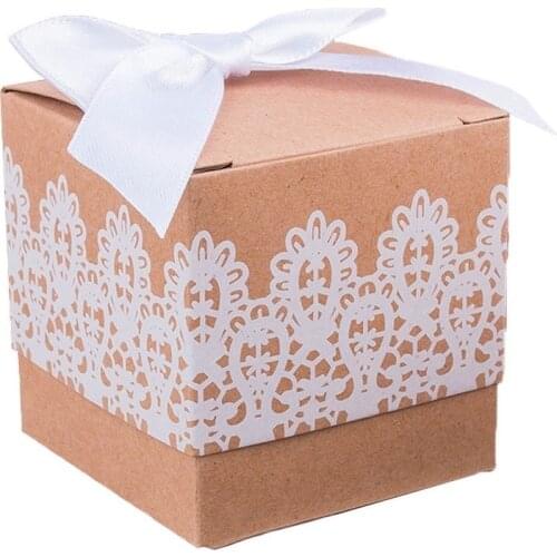 5*5*5cm Lace style Kraft Candy Boxes with Bow Wedding Favors and Party Supplies Baby Shower thanks Gift Box For Guests Boxes