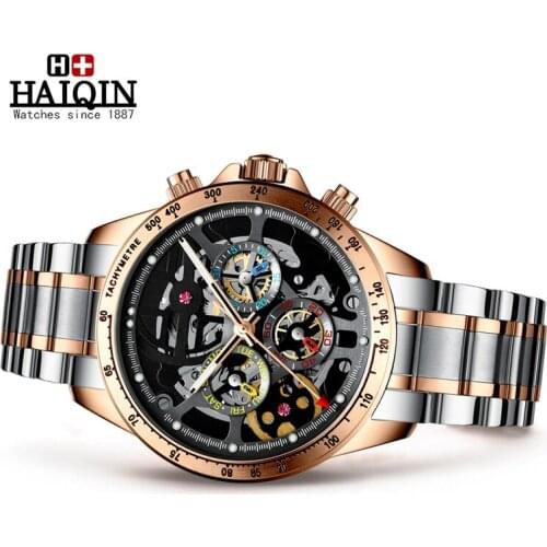 HAIQIN Mechanical Watches For Men Skeleton Automatic Watch Men Stainless Steel Watches Mens Luxury Wristwatch Men 50M Waterproof