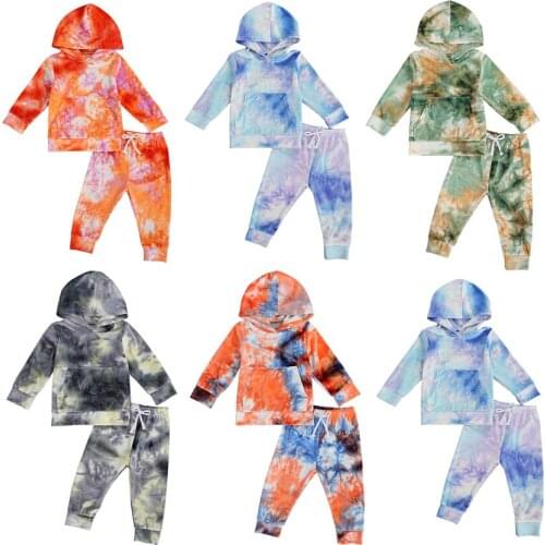 1-6Y Toddler Baby Kid Boy Girl Tie Dye Clothes Set Long Sleeve Hooded Tops T Shirt Pants Autumn Casual Outfits