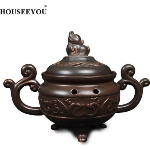 HOUSEEYOU Buddhist Binaural Three Feet Chinese Dragon Coil Incense Burner Stick Incense Holder Stand Perfume Flavor Spice Censer