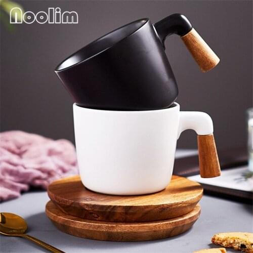 Nordic Ceramic Minimalist Matte Coffee Milk Mug Office Afternoon Tea Cup with Wooden Handle and Saucer Set Drinkware 280ML