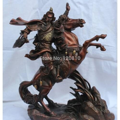 14" Chinese Feng Shui Bronze Guan Gong Yu Warrior Dragon God On Horse Statue