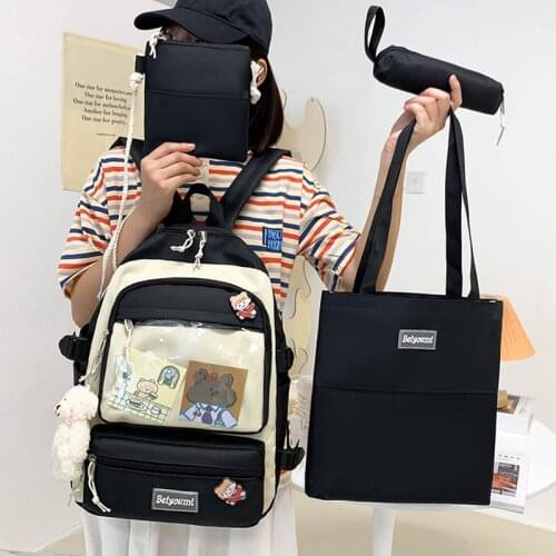 4-piece Set Fashion Womens Backpack Contrast Color Large Capacity School Bag For Girls Cute Pendant Canvas Waterproof Bookbags