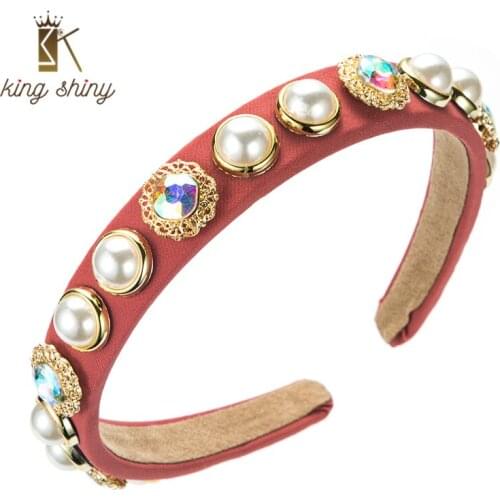 King Shiny Vintage Baroque Simulated Pearl Hairband Elegant Geometric Sparkly Crystal Beaded Hairband Female Party Tiara Crowns