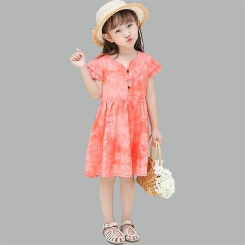 Fashion Kids Baby Girls Stylish Tie-dye Dress Ruffled Short Sleeve V-neck Dress for Spring, Summer 2-6Years