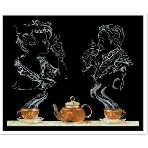 Tea time cross stitch kit drinking afternoon tea 18ct 14ct 11ct black fabric cotton thread embroidery DIY handmade needlework