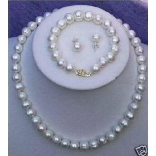 Free Shipping 8-9mm Real White Cultured Pearl Necklace Bracelet Earring Set 18"+7.5"
