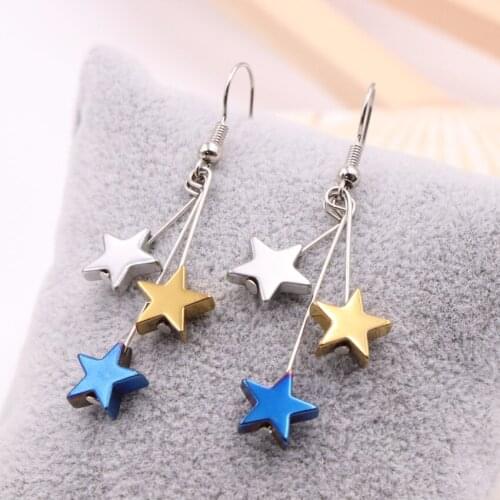 Charms 1 Pairs Star Pentagram Dangle Earrings for Women 10mm Natural Hematite Stone Long Tassel Eardrop Christmas Jewelry A543