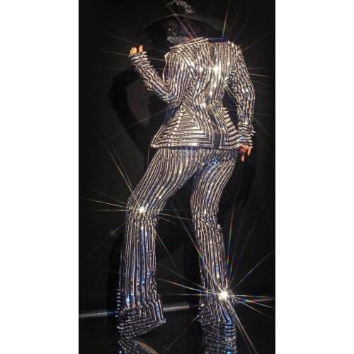 Nude Print Punk Jazz Nightclub Bar Sexy Outfit DJ Stage Wear Fashion Singer Dancer Costume Glitter Sequins Striped Jumpsuit Coat