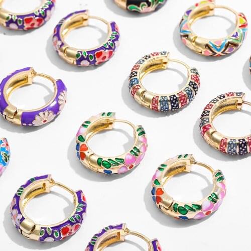 Vintage Enamel Flower Small Hoop Earrings Trendy Geometric Statement Round Circle Huggie Earring Fashion Jewelry Brincos