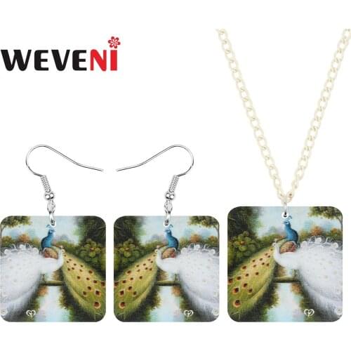 WEVENI Acrylic Square Peacock Peafowl Jewelry Sets Animal Bird Earrings Necklace For Women Teens Girls Gifts Fashion Decoration