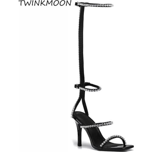 Rhinestone Knee High Boots Celebrity Crystal Black Women Summer Boots Gladiator High Heels Shoes Female Fashion 2020