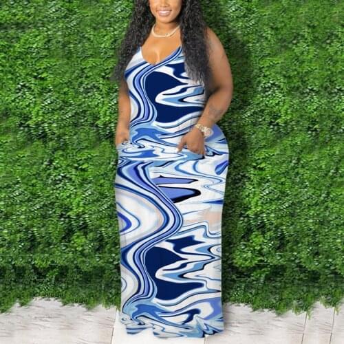 4XL 5XL Plus Size Dress Women Spaghetti Strap Blue Printed Sleeveless V Neck Floor Length Bodycon Fashion Long Vestidos Dress