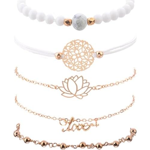 5pcs/set Tassel Bracelets For Women Jewelry Geometric Leaves Beads Layered Hand Chain Charm Bracelet Holiday Birthday Gifts