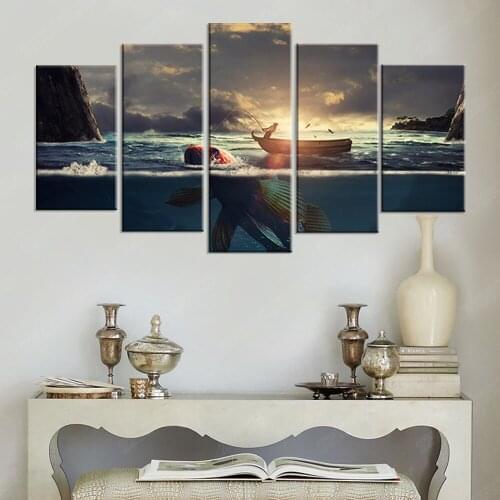 Home Decor Canvas HD Printed Pictures Framed 5 Pieces Sunset Fishing Boat Paintings Big Fish Landscape Posters Wall Art