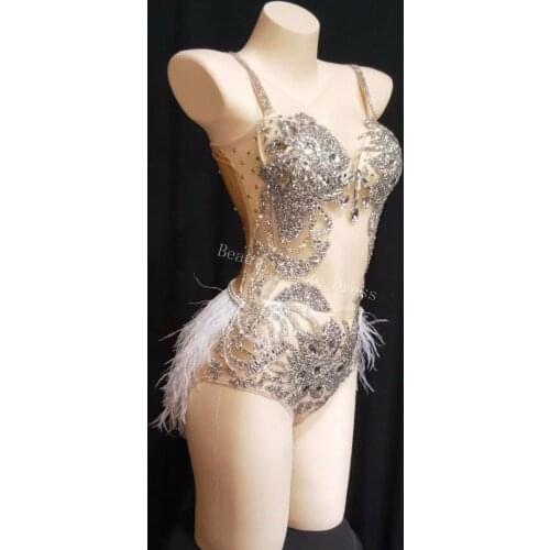 Sparkly Silver Rhinestones See Through Bodysuit Feather Hips Leotard Outfit Women Bar Dance Stage Party Dance Costume Dress