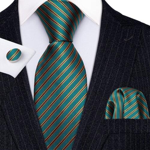 New Fashion Luxury Green Striped 100% Silk Ties Gifts For Men Wedding Barry.Wang NeckTies Hanky Sets For Groom Business LN-5310