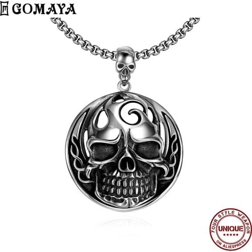 GOMAYA Stainless Steel Necklace Men Round Skull Pendant Necklace Choker Rock Cool Design Fashion Jewelry Gift For Boyfriend Best