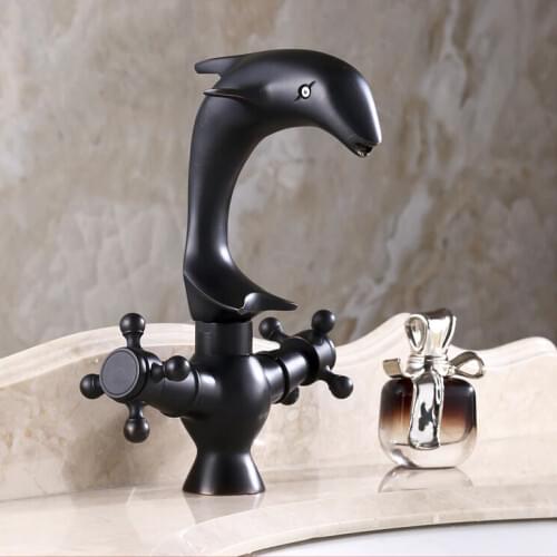 L16108 High Quality Deck Mounted Black Color Brass Material Hot and Cold Water Dolphin Basin Tap