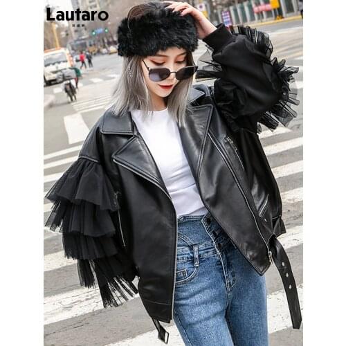 Lautaro Autumn Short Black Oversized Lace Patchwork Leather Biker Jacket Long Sleeve Loose Womans Clothing Fashionable Outerwear