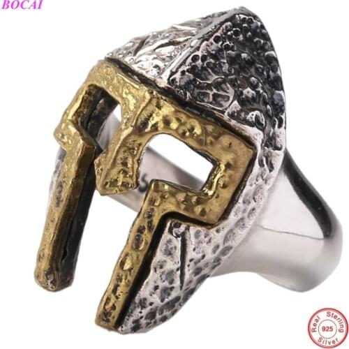 BOCAI S925 Sterling Silver Rings For Men Jewelry Retro Thai Silver Mens Open Ring Creative Warrior Helmet 925 Silver Rings