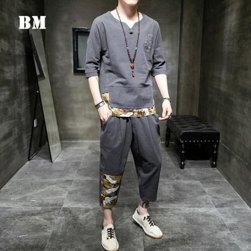Summer Chinese Style Plus Size Patchwork Crane Print Suit Male 2021 Harajuku T-Shirts Oversized Cropped Trousers Men Clothing