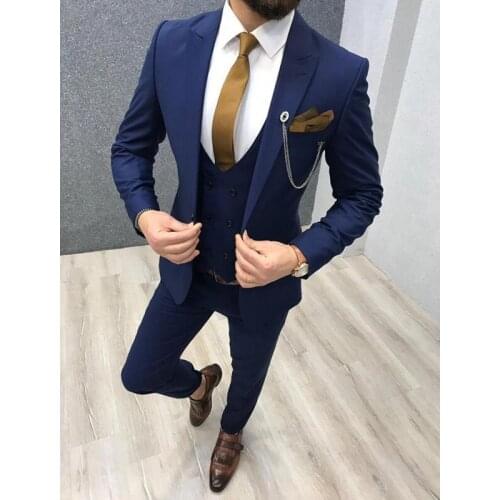 Mens slim-fit, pointed lapel single-breasted wedding tuxedo prom groomsmen suit jacket (jacket + pants + vest)
