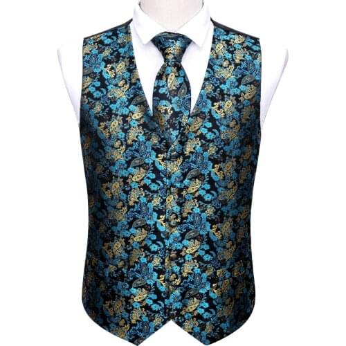 Men Teal Waistcoat Blue Silk Vest For Men Jacquard Paisley Tie Hanky 4PC Set Formal Business Party Male Jacket Barry.Wang Design