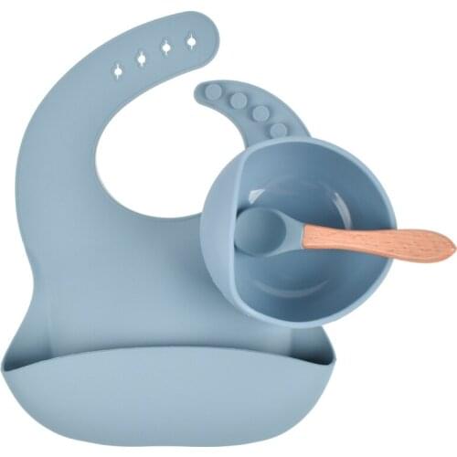 3pcs Baby Feeding Set Food Grade Silicone Non-Silp Suction Tableware Kids BPA-Free Waterproof Bib Bowl Spoon Dishes