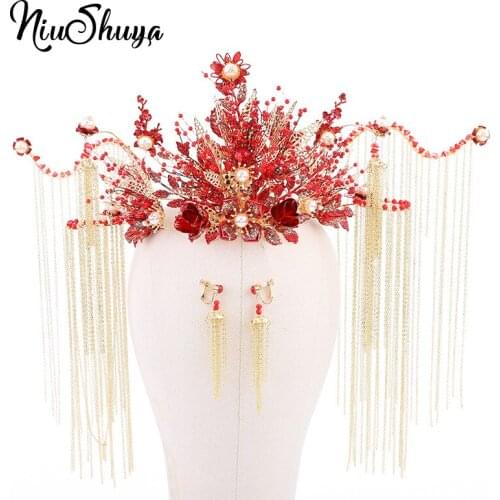 NiuShuya Retro Chinese Phoenix Peacock Coronet Hair Accessories Elegance Large Red Flower Long Tassel Queen Hair Jewelry