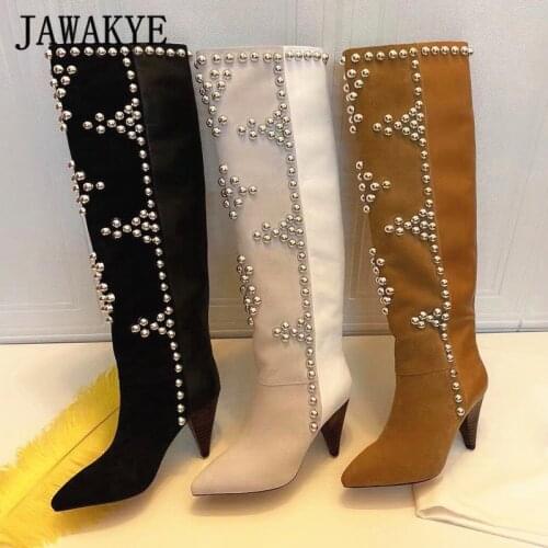New Studded Runway Long Boots Casual Women Dress Shoes Pointy Spike Heel Knee High Suede Boots Patchwork Rivets Leather Booties