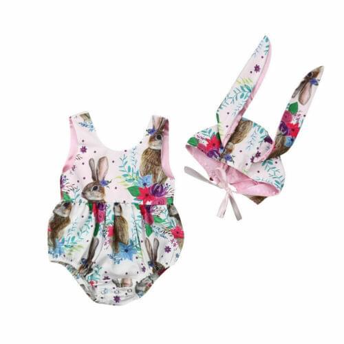 Easter Clothes Rabbit Newborn Baby Girl Sleeveless Romper Jumpsuit +Hat 2pcs Outfits Clothes