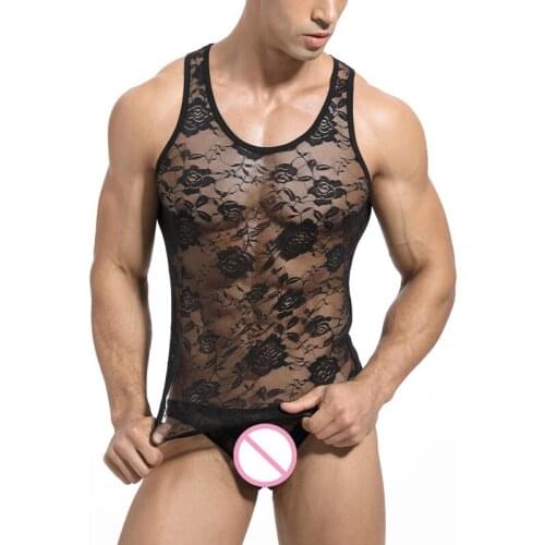 See Through Men Tank Top Sexy Underwear Lace Sleeveless Sheer Wrestling Singlet Undershirt Mesh Sexy Lingerie Brief Bikini Panty